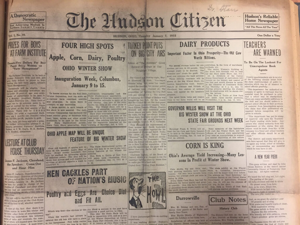 Front page of The Hudson Citizen newspaper, Thursday, January 7, 1915
