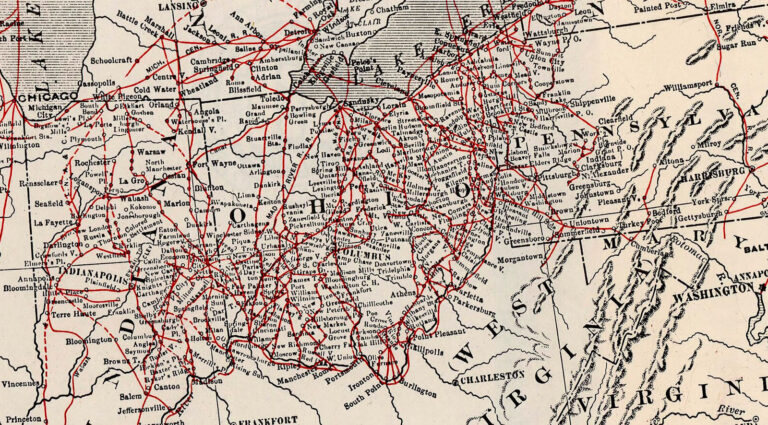Routes of the Underground Railroad. Map showing red line routes through Ohio where UGRR ran